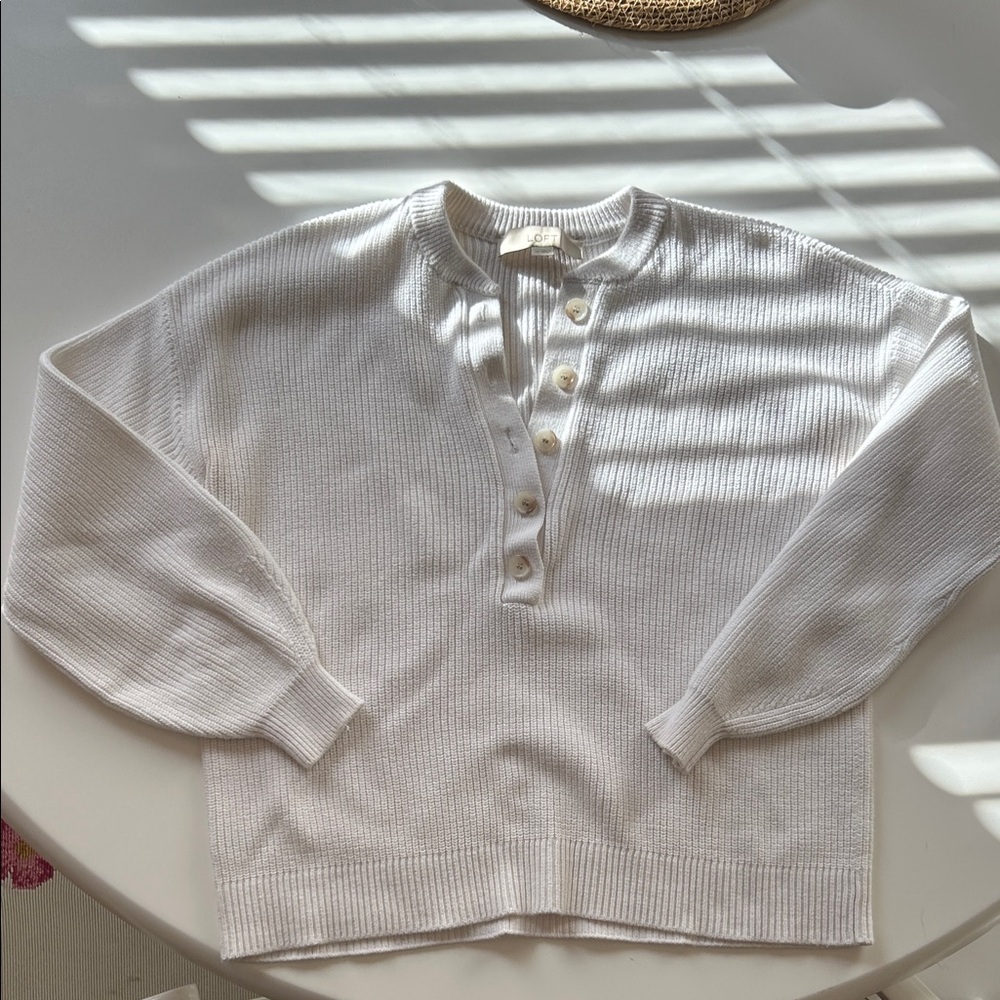 LOFT White Henley Button Ribbed Sweater